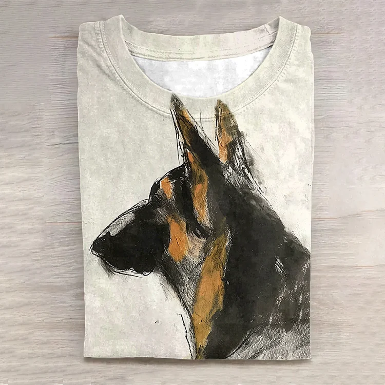 Japanese Art Dog Print Casual T-Shirt