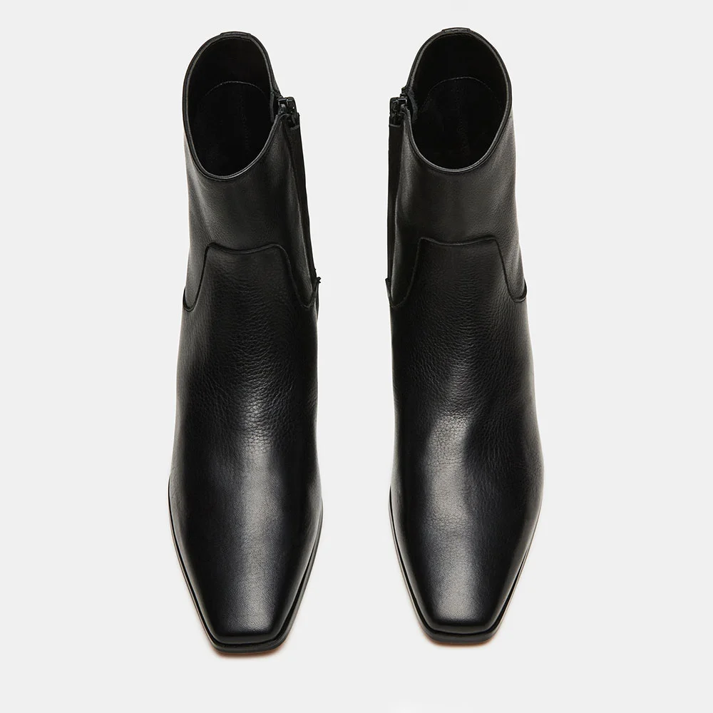 Black Vegan Leather Chunky Heel Square Toe Zipper Ankle Boots