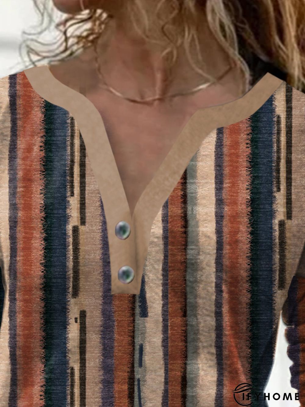 Striped Long Sleeve Buttoned Notched Casual T-Shirt | IFYHOME