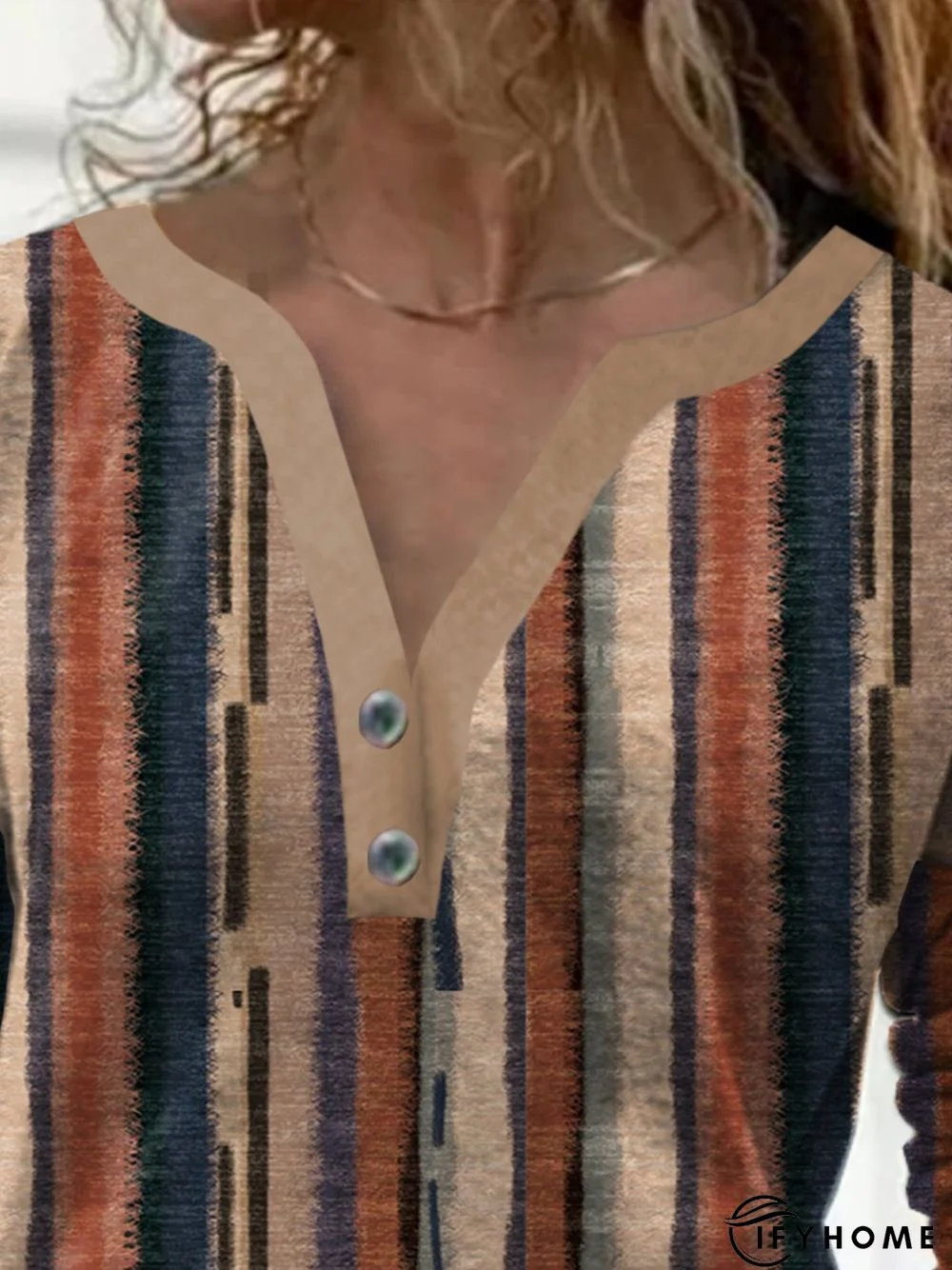 Striped Long Sleeve Buttoned Notched Casual T-Shirt | IFYHOME