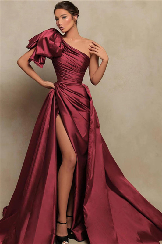 Daisda Rose Red One shoulder Prom Dress With Split Long