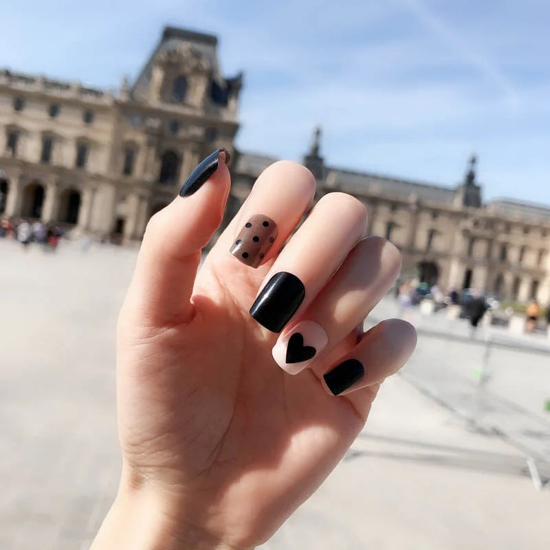 24Pcs Fake Nail Tips For Women Frosted Matte Nails with glue Nude with Black Love Heart Print designs Press On false fingernail-Nail Inspo
