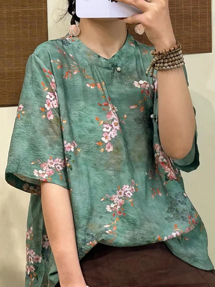 Women Ethnic Flower Slant Button Loose Pullover Shirt