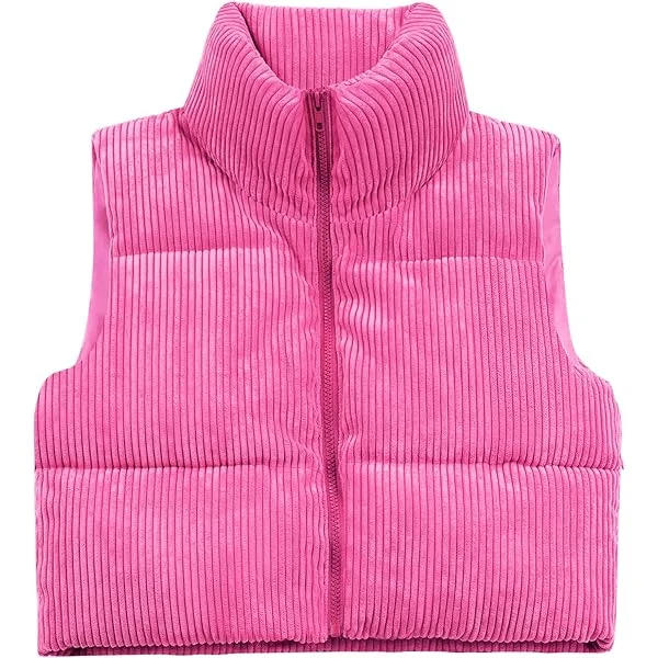 Women's Cropped Puffer Vest Winter Sleeveless Warm Outerwear Vests Lightweight Corduroy Coat with Invisible Pockets