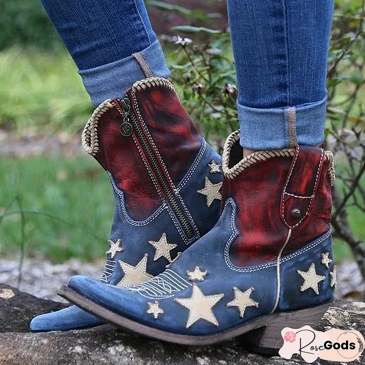 Women's Vintage Pointed Toe Star Short Boots