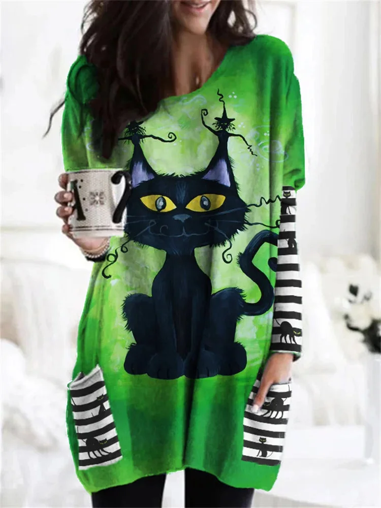 Halloween Black Cat Witch Striped Patchwork Tunic