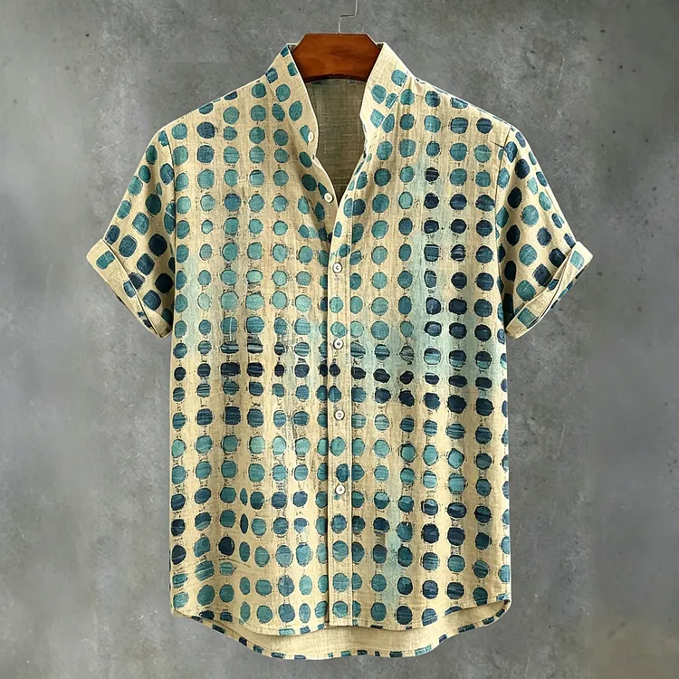 Abstract 70s Hippie Gradient Teal‑blue Distressed Oval‑dot Art Print Men's Short Sleeve Button Up Shirt