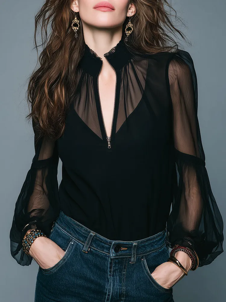 Vintage Chiffon-paneled Lantern-sleeve Blouse With Front Zip