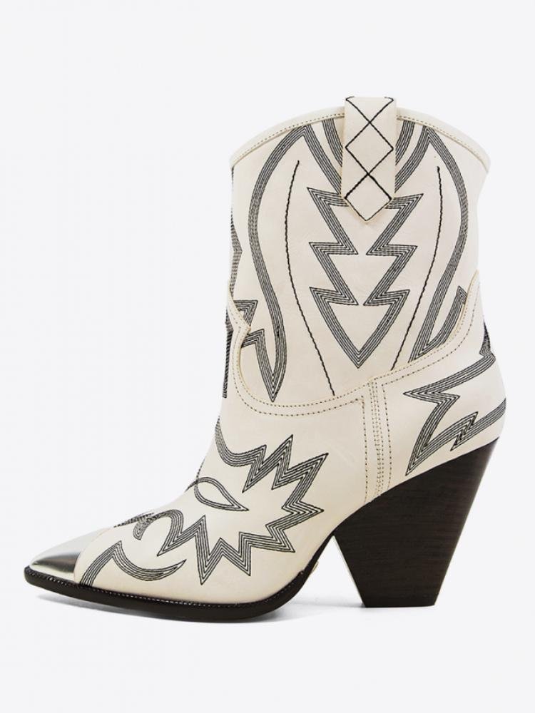 Off White Woman Ankle Boots Stitch Metal Pointed Toe Cone Block High Heel Cowgirl Boots