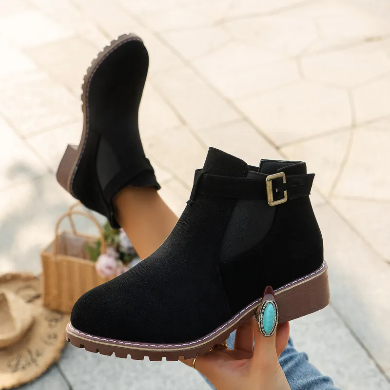 Breakj Breakj Women's Boots 2025 Autumn And Winter New Martin Boots Low-Heeled Square Belt Buckle Short Cylinder Tight Velvet Surface