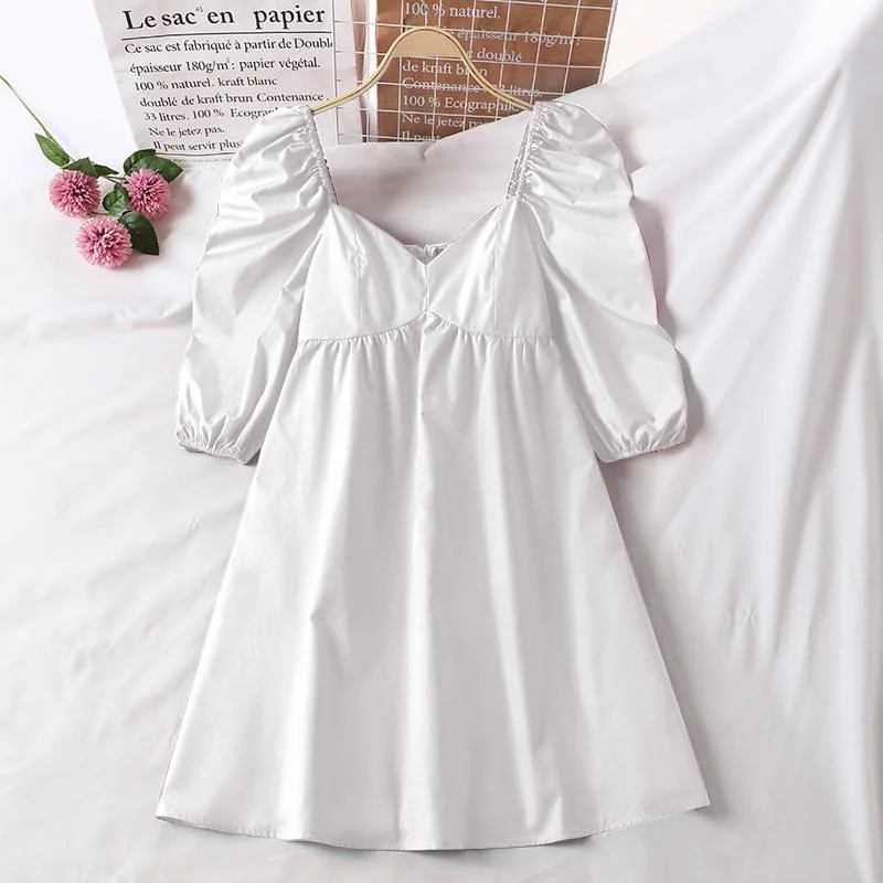 Mini Dress VONDA Women Summer Puff Sleeve Pleated Dresses Casual Solid Square Neck Bohemian Vestidos Loose Sundress Oversized