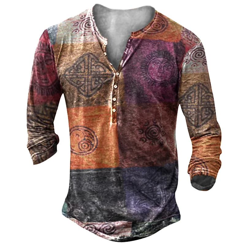 Men's Ethnic Totem Stitching Henry Button Long Sleeve Shirt