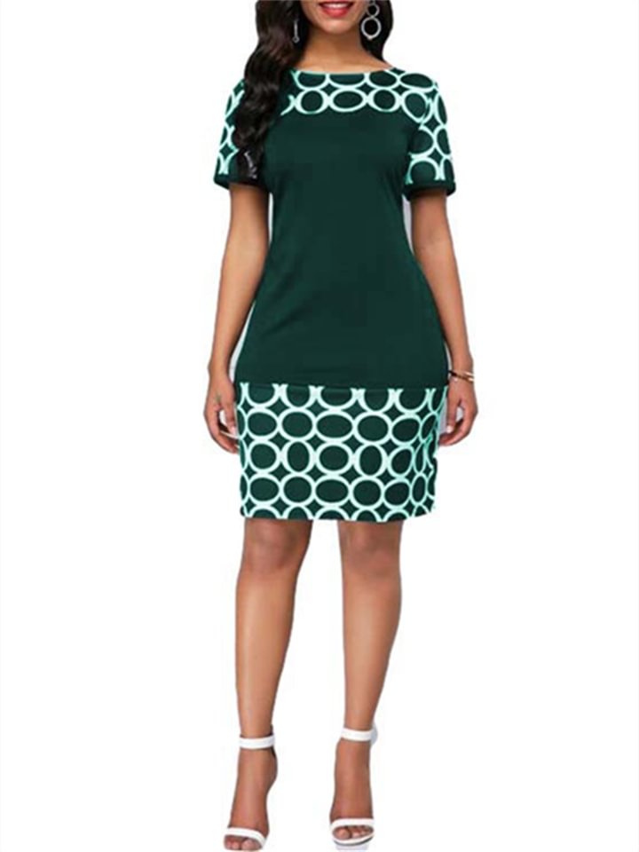 Summer Round Neck Slim Print Splicing Commuter Package Hip Dress Short-sleeved Female Dress-Hoverseek