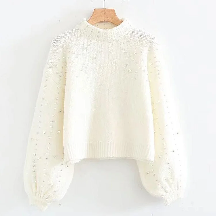 Mayoulove Round neck loose pearl decorated sweater-Mayoulove