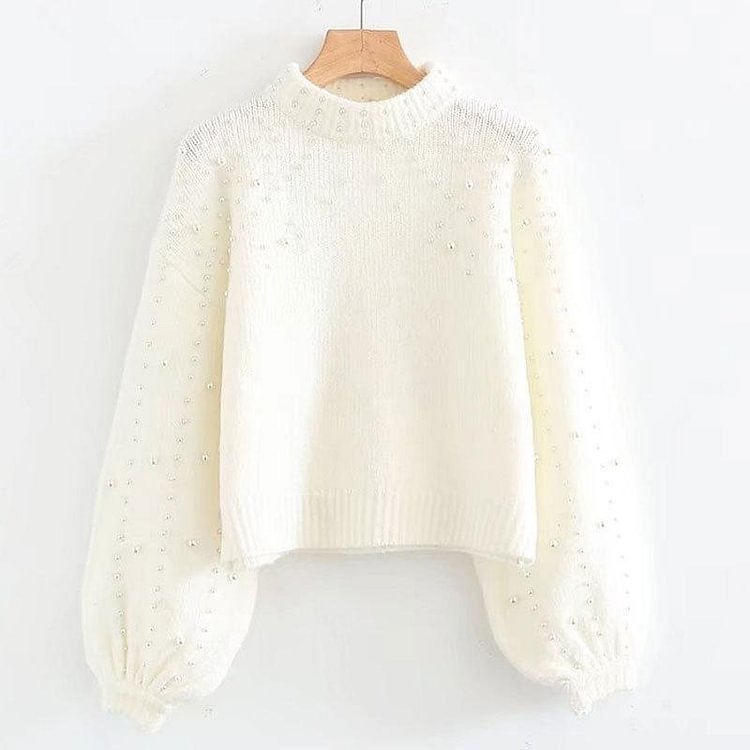 Mayoulove Round neck loose pearl decorated sweater-Mayoulove