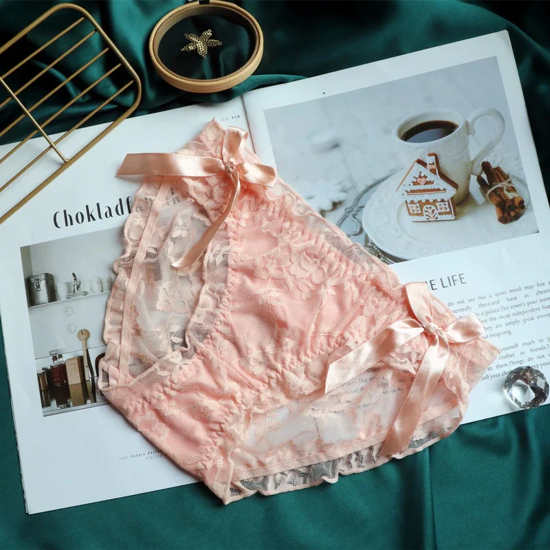 Billionm Product Japanese Cute and Sweet Student Lolita Bow Lace Panties Women's Low-rise Bread Pants Women's Briefs Pink Panties