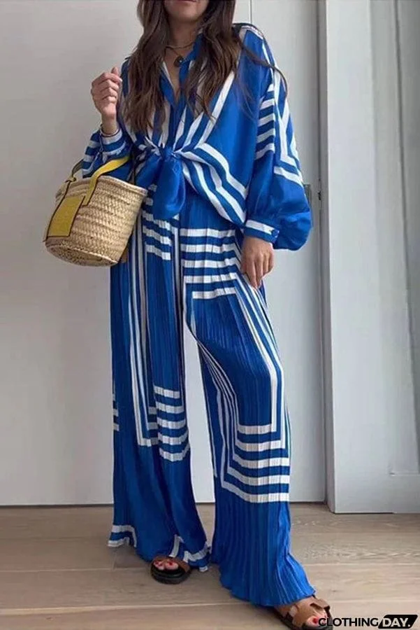 Vacation Chic Attitude Geometric Print Oversized Shirt and Elasticated Wide Leg Pants