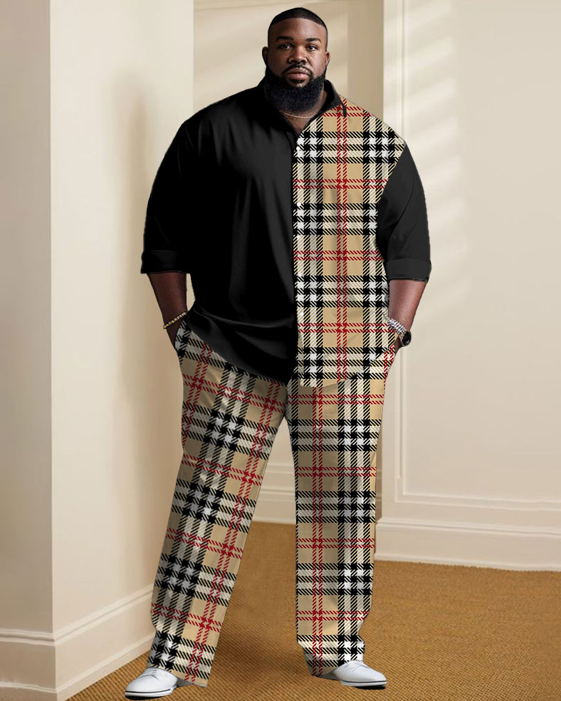 Men's Plus Size Casual Versatile Khaki Plaid Stitching Long-sleeved Lapel Shirt 2-piece Set