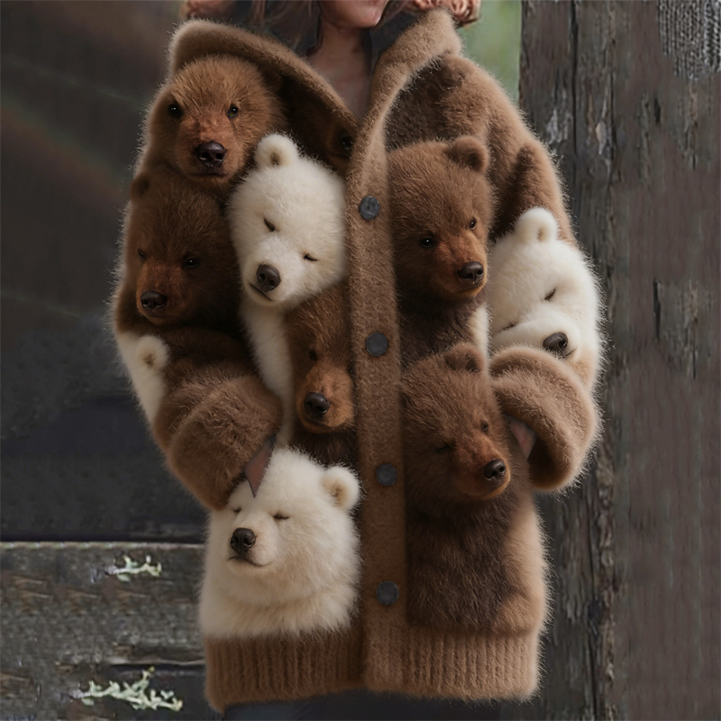 Forest Fuzzy Bears Cozy Knit Hooded Cardigan wearshes