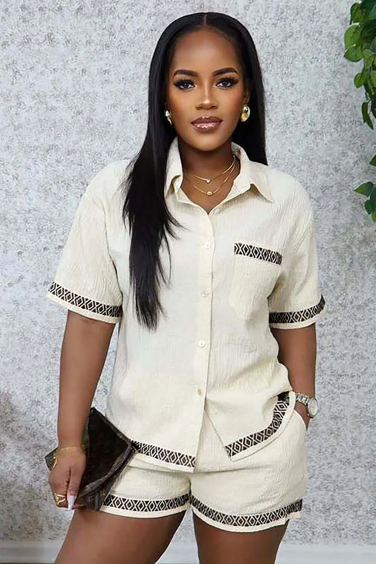 Geometric Trim Short Sleeve Blouse Pocket Shorts 2pcs Set-Beige