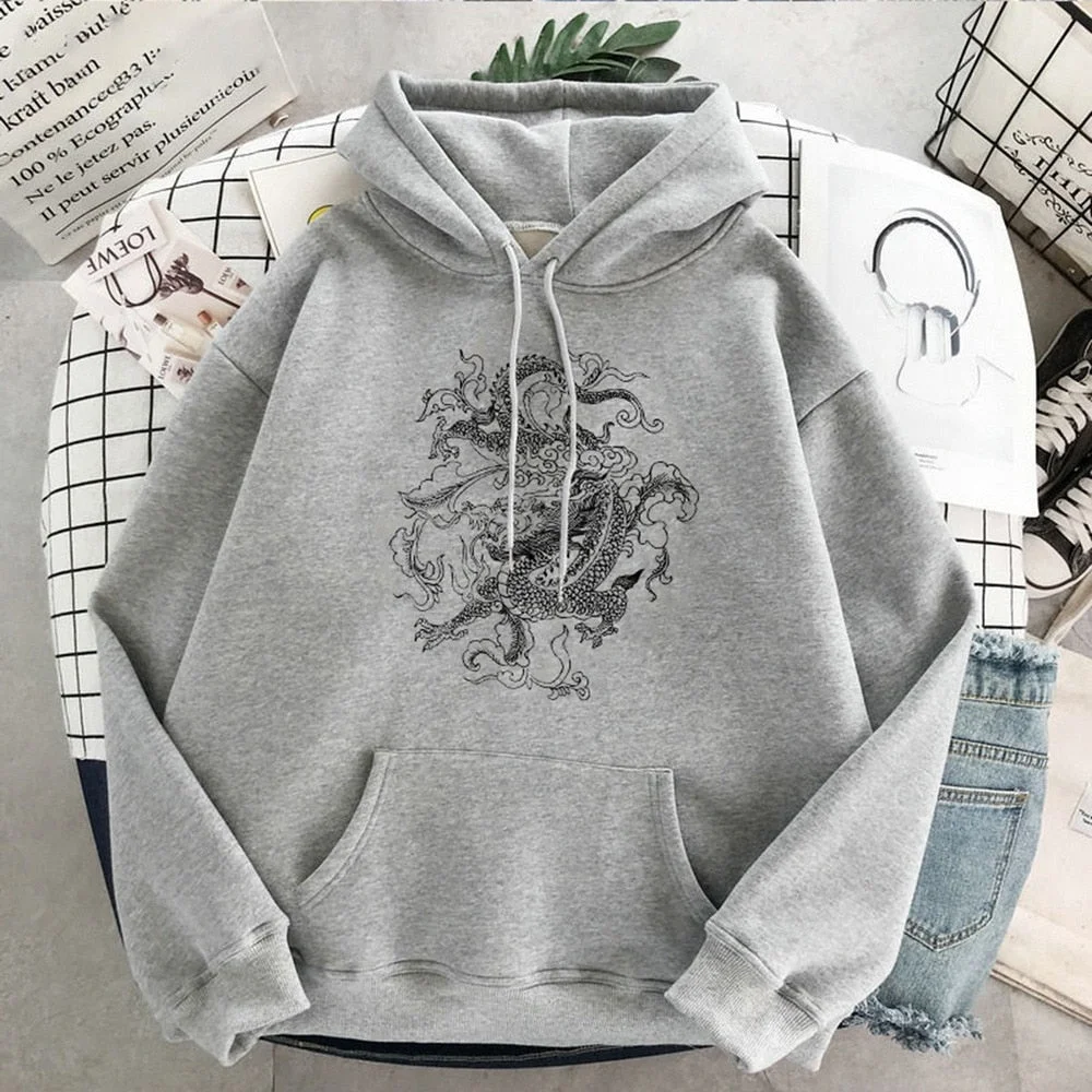 Gothic Dragon Print Hoodies Women Harajuku Vintage Hoodie Sweatshirt Oversized Streetwear Y2k Casual Winter Autumn Grunge Coat