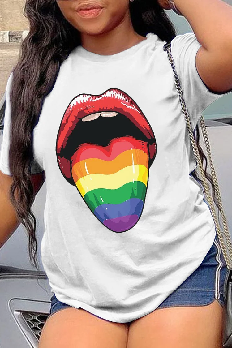 Plus Size White Casual Lips Printed Patchwork O Neck T-Shirts