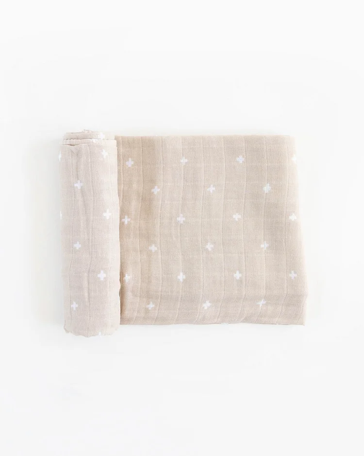 Cotton Muslin Swaddle Blanket - Taupe Cross
