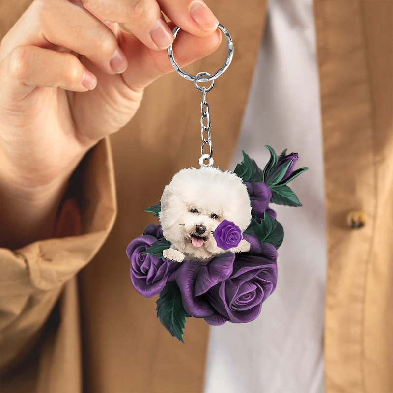 VigorDaily Bichon Frise In Purple Rose Acrylic Keychain PR124