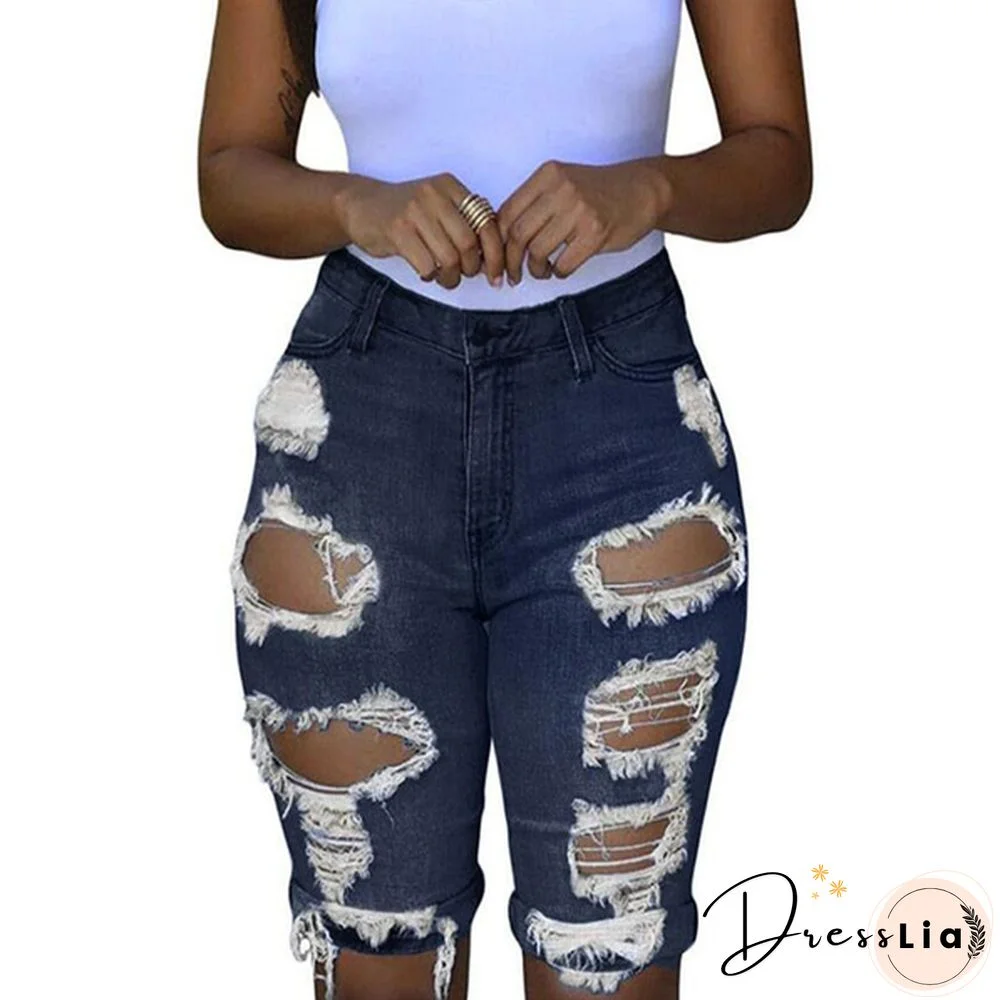 Women Casual Street Style Half Blue Denim Shorts Stretch Pants Slim Boyfriend Ripped Hole Jeans
