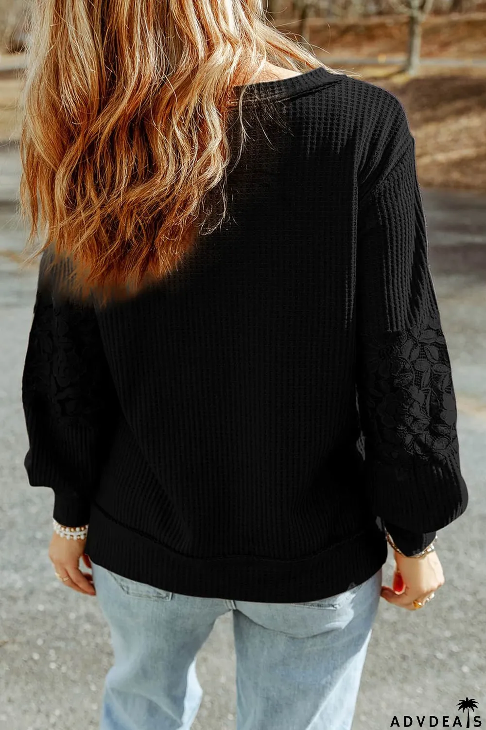 Black Lace Waffle Patchwork Strappy V Neck Long Sleeve Top