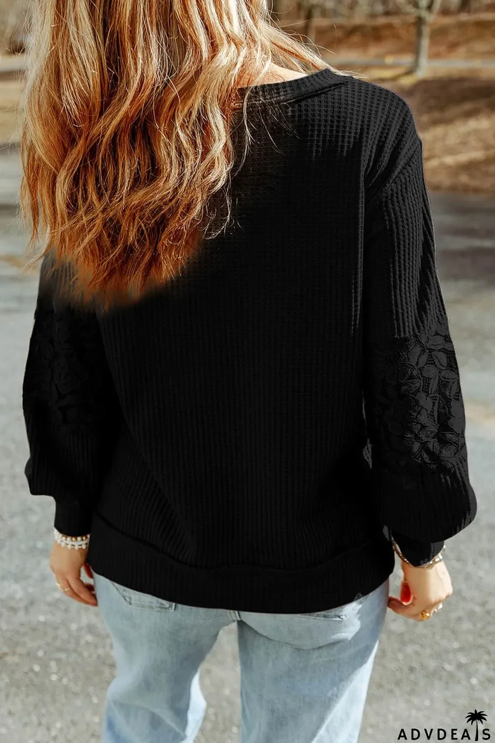 Black Lace Waffle Patchwork Strappy V Neck Long Sleeve Top