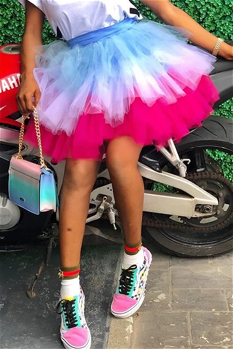 Multi-color Elastic Fly Sleeveless High Patchwork perspective Mesh Pengpeng skirt shorts Skirts | EGEMISS