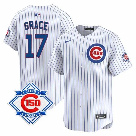 Youth Chicago Cubs #17 Mark Grace White Nike Home Vapor Limited 150th Anniversary Authentic Lettering Jersey