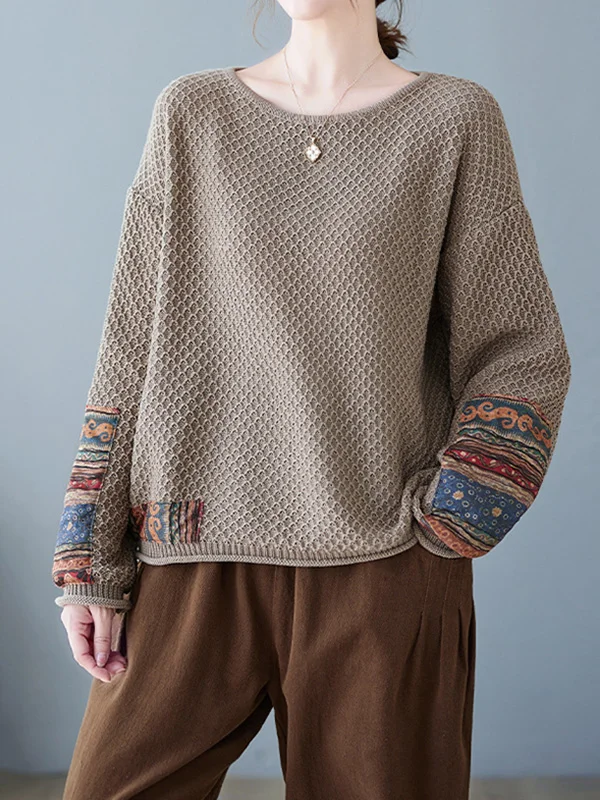 Long Sleeves Loose Printed Split-Joint Round-Neck Pullovers Sweater Tops