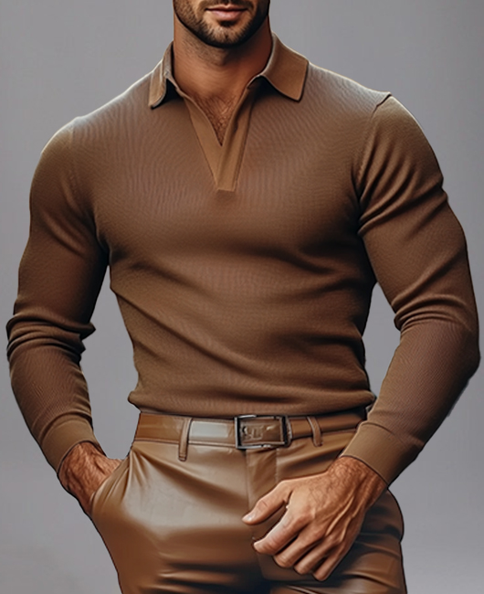 Okaywear Business Leather Patchwork Knit Long Sleeve Polo Shirt