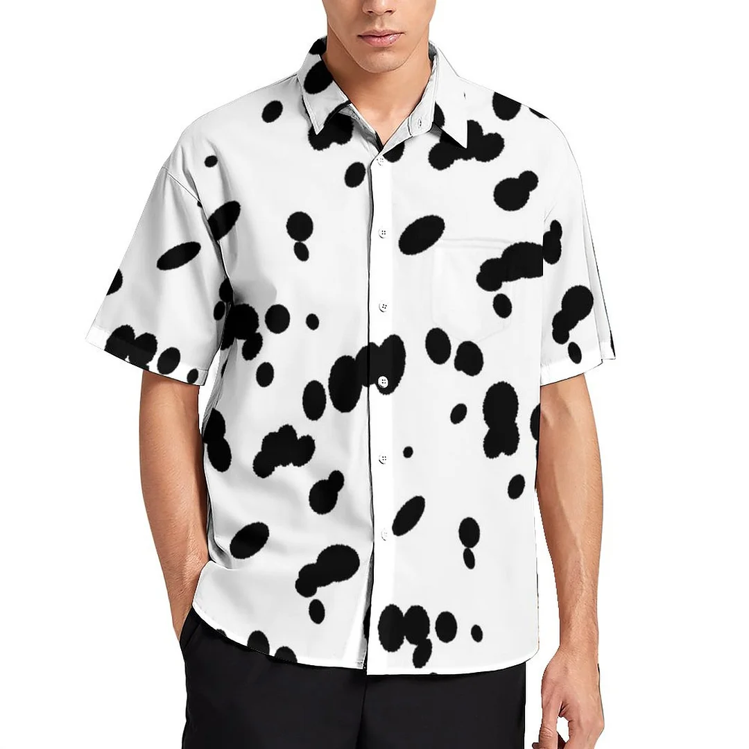 Dalmatian Spots Black And White Dog Fur Women Front Pocket Button Down Tops Men Shortsleeve Party Vacation Hawaiian Shirt
