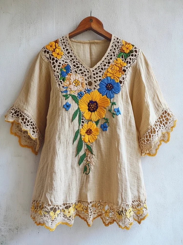 Utbros Ethnic Floral Embroidery Lace Patchwork Women's Linen V-neck T-shirt