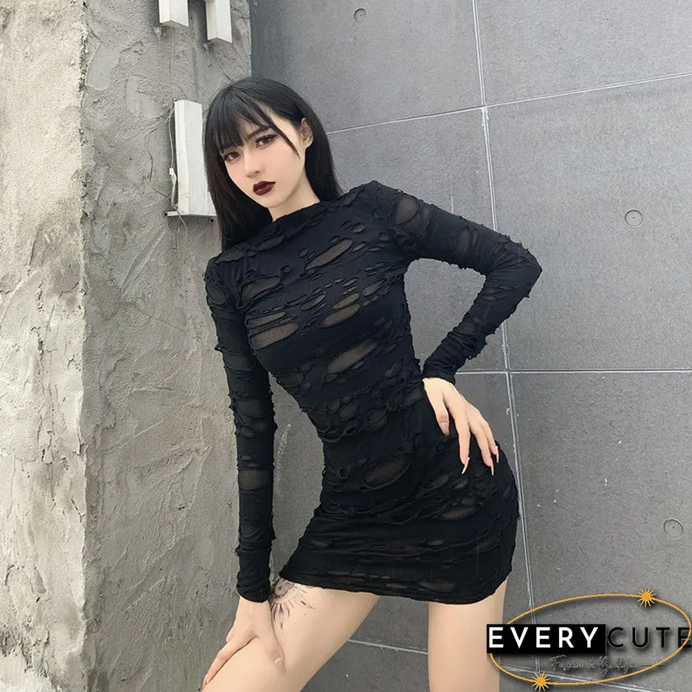 New Gothic Black Mini Dress Streetwear Rock Punk Hollow Retro High Waist Long Sleeve