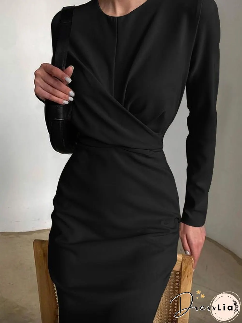 Women'S Dresses Round Neck Long Sleeve Slim Slit Midi Dress