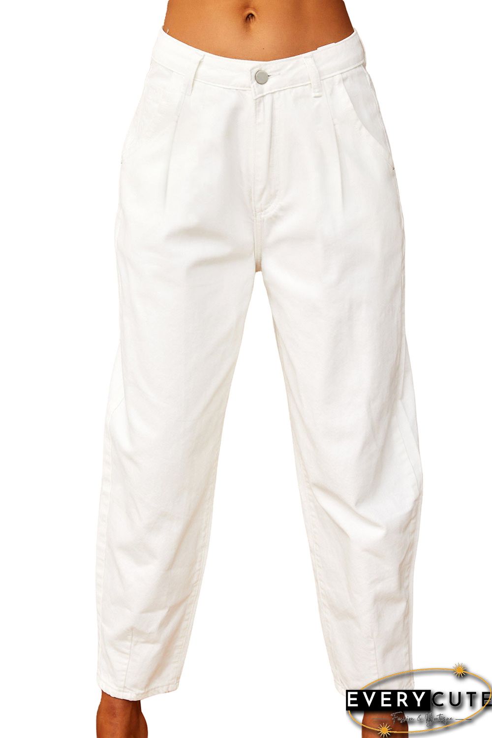 White Solid High Waist Casual Pants