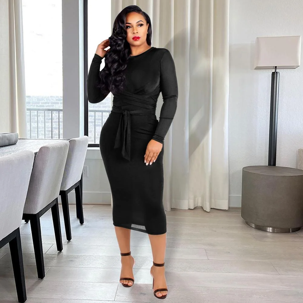 Neosepa-Simple Round Neck Long Sleeve Pure Color Belted Pleated Design Sheat Dress
