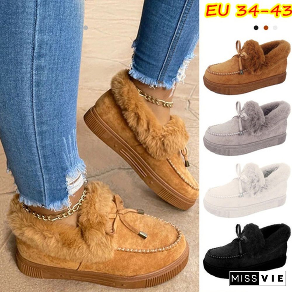 Winter Women Fashion Flat Shoes Suede Women Cute Soft Fur Padded Shoes Slip On Platform Ladies Casual Shoes