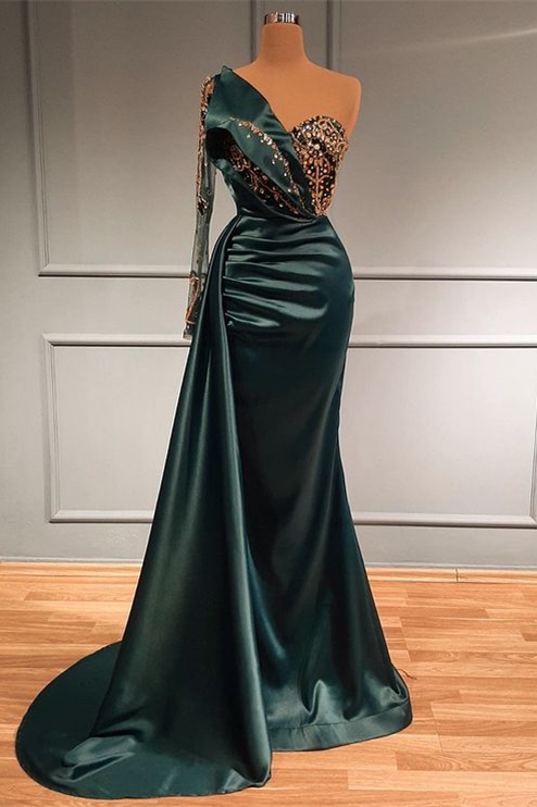 Oknass Dark Green Long Lace Sleeves Beads Mermaid Evening Dress With Appliques
