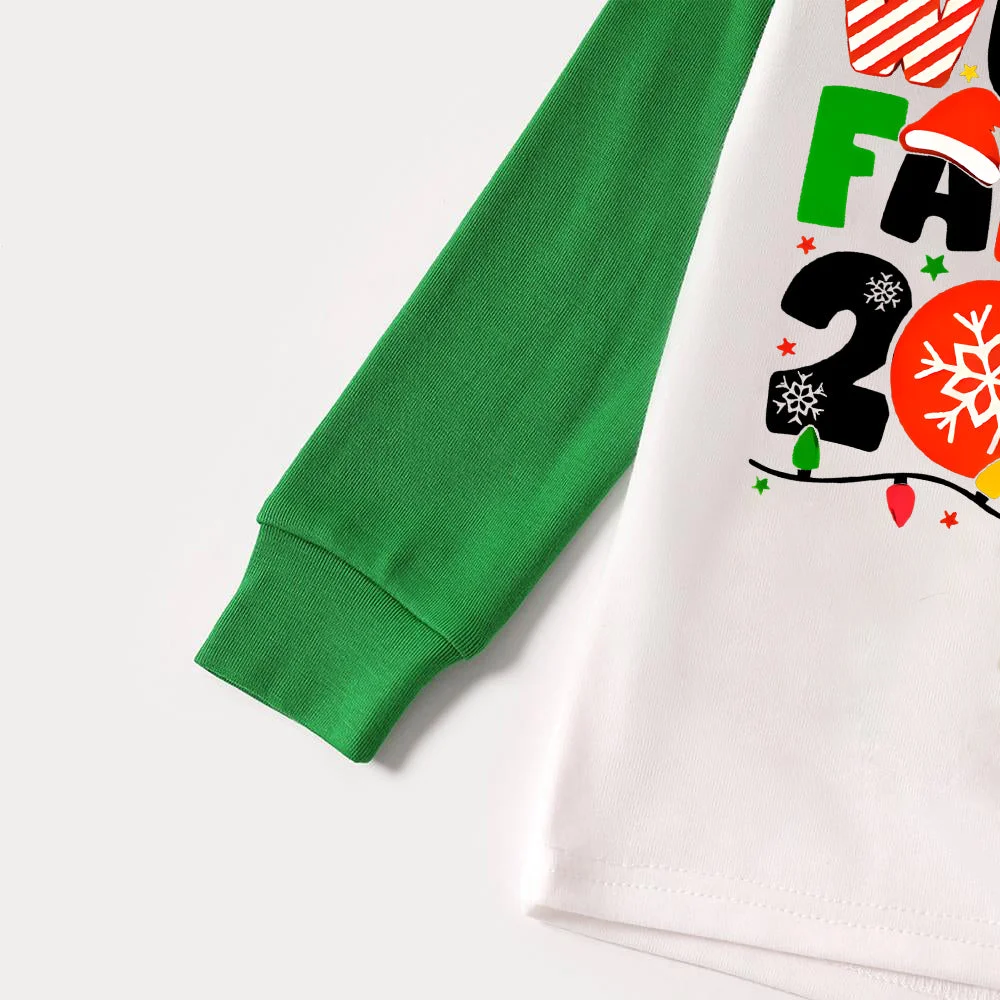 Christmas "We are Family" Colorful Multi-Element Letter Prints Green Rotator Cuff Top With Green & Black Plaid Family Matching Pajamas
