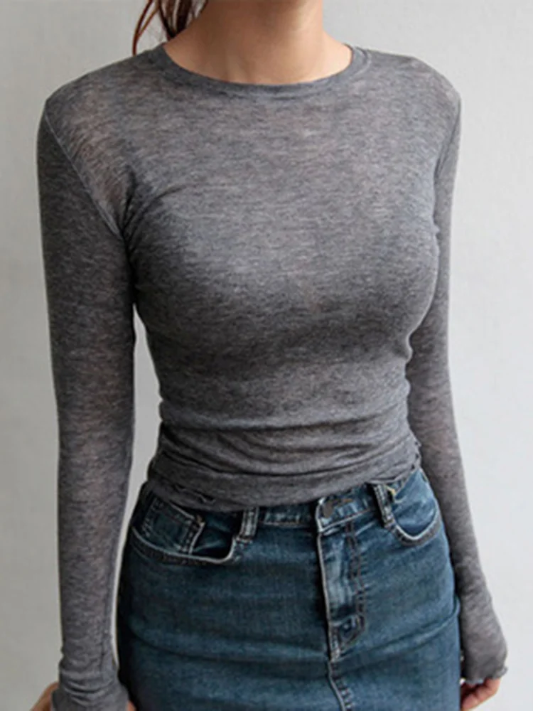 High Quality Plain T Shirt Women Cotton Elastic Basic T-shirts Female Casual Tops Long Sleeve  Thin T-shirt see through