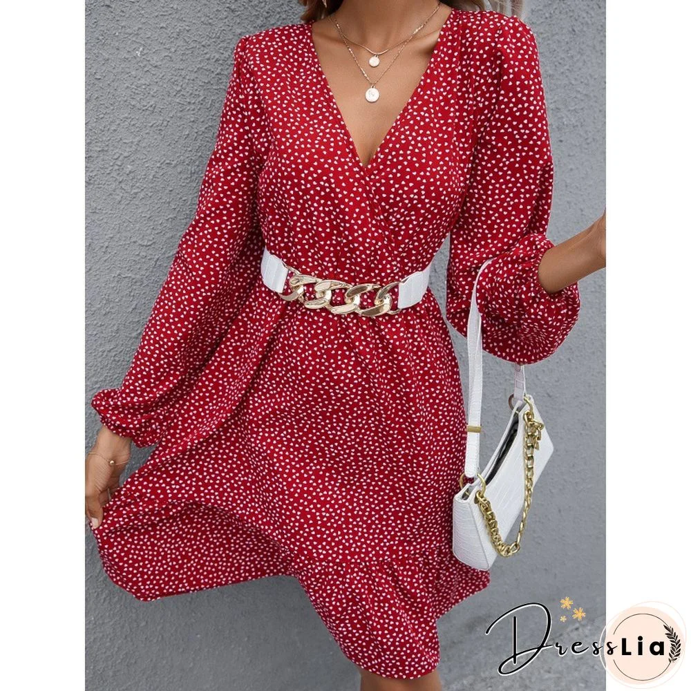 Elegant Love Print Dress Women Summer Dress Spring New V Neck Pullover Full Balloon Sleeve Casual Chic A-line Mini Dress