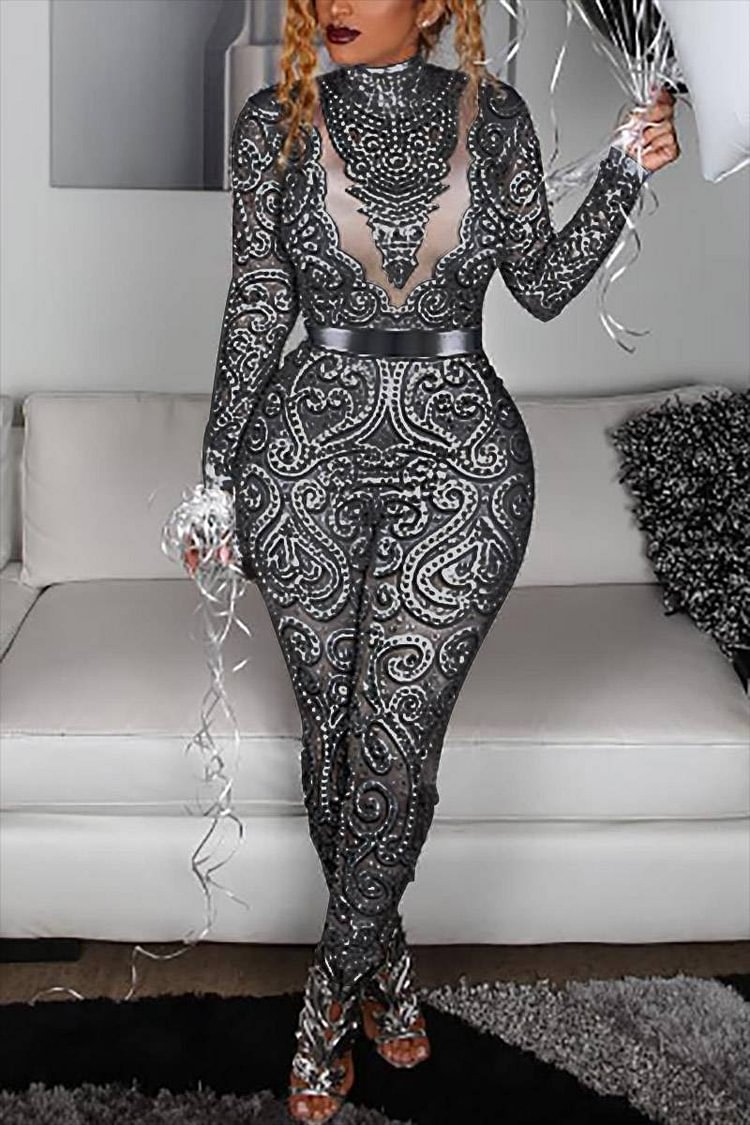 Plus Size Grey Party Mesh Sequin Print Jumpsuits [Pre-Order]