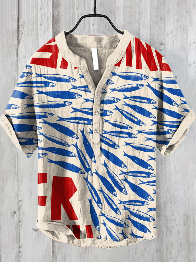 Japanese Sardine Art Linen-Blend Shirt