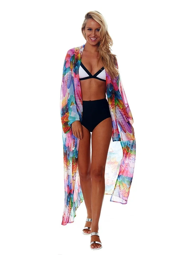 Mongw Mongw Women's New Bikini Swimsuit Sun Protection Shirt Color Feather Print Chiffon Holiday Long Cardigan