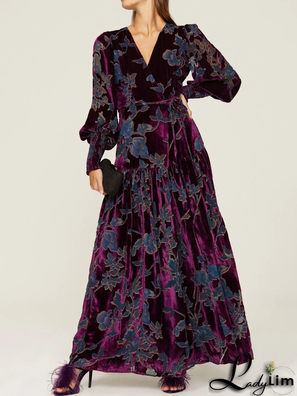 Elegant Floral V Neck Lantern Sleeve Velvet Gown Maxi Dress